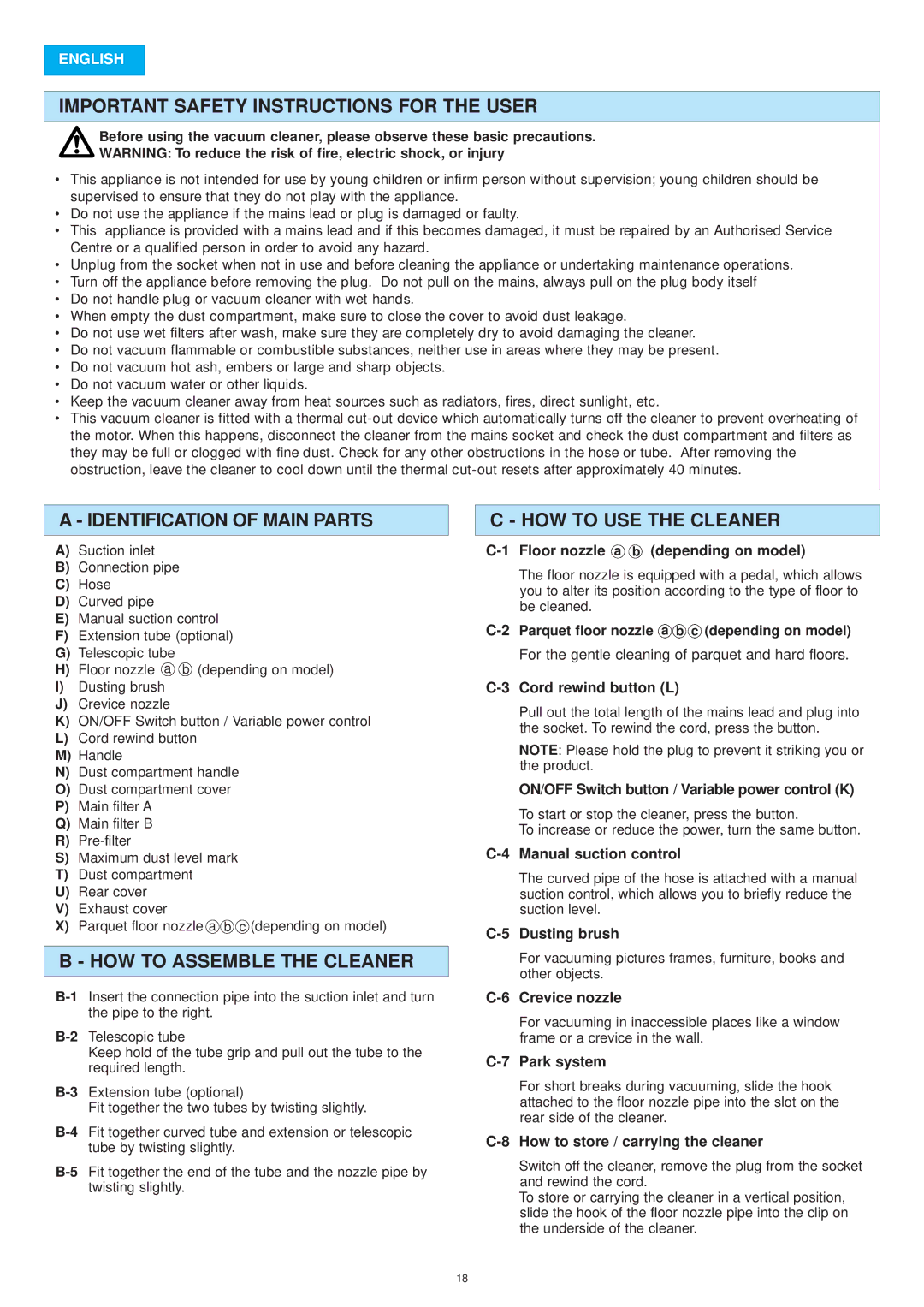 Panasonic MC-E8015 Important Safety Instructions for the User, Identification of Main Parts, HOW to Assemble the Cleaner 