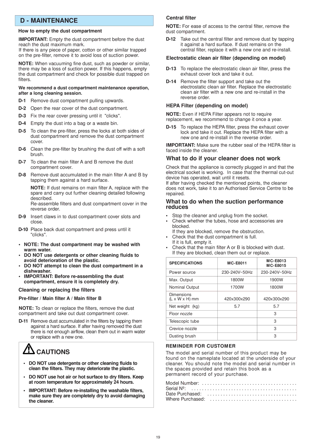 Panasonic MC-E8015 Maintenance, What to do if your cleaner does not work, What to do when the suction performance reduces 