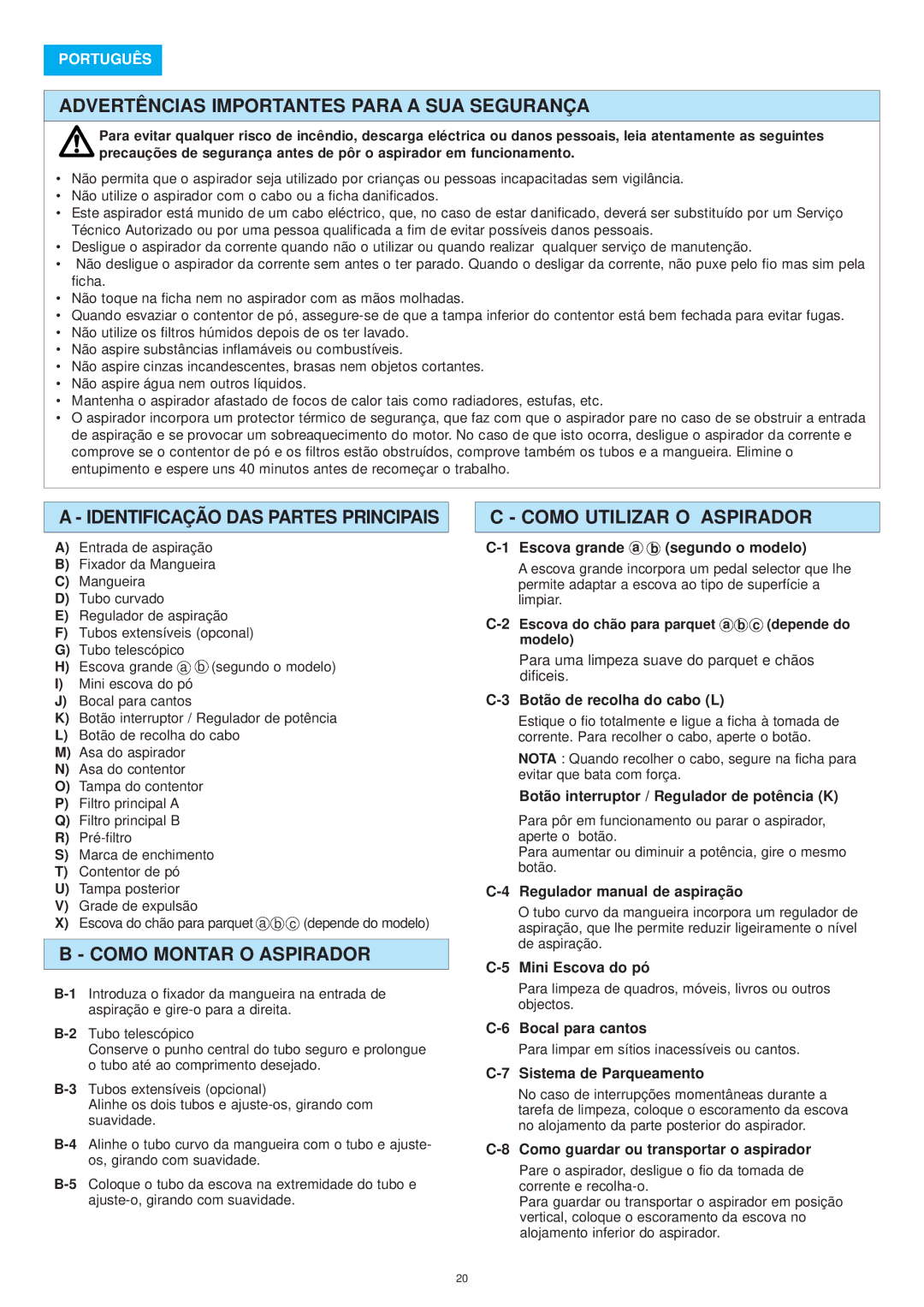 Panasonic MC-E8015 Advertências Importantes Para a SUA Segurança, Identificação DAS Partes Principais 