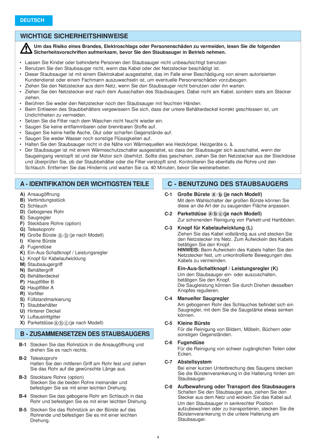 Panasonic MC-E8015 Wichtige Sicherheitshinweise, Identifikation DER Wichtigsten Teile, Zusammensetzen DES Staubsaugers 