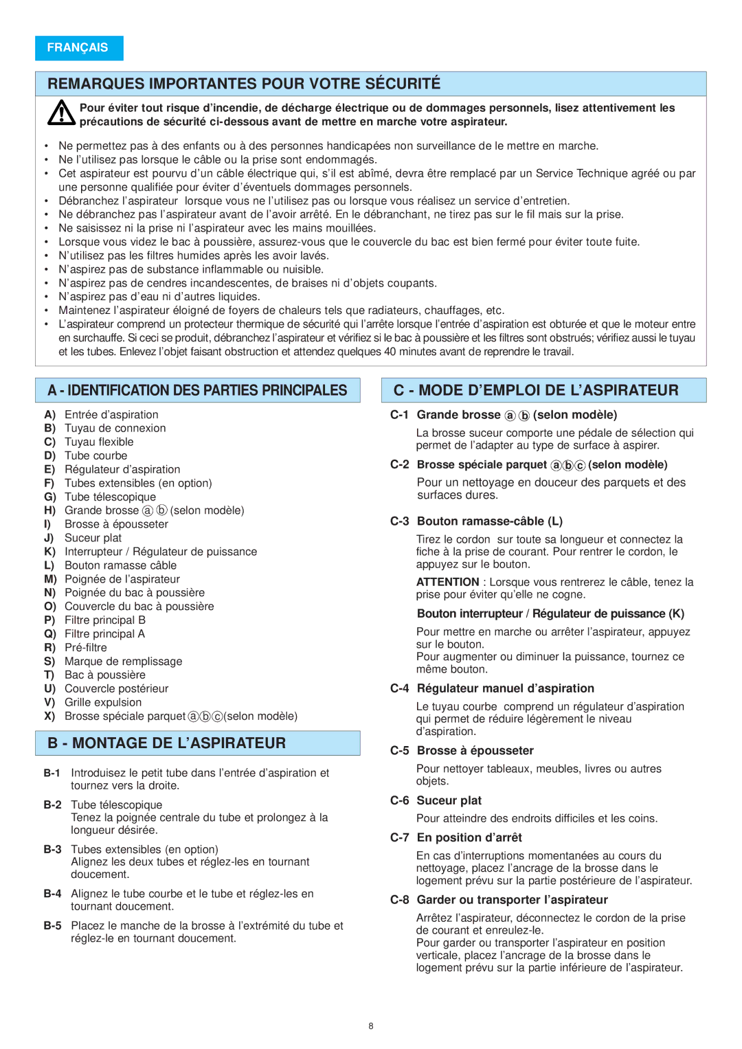 Panasonic MC-E8015 Remarques Importantes Pour Votre Sécurité, Montage DE L’ASPIRATEUR, Mode D’EMPLOI DE L’ASPIRATEUR 