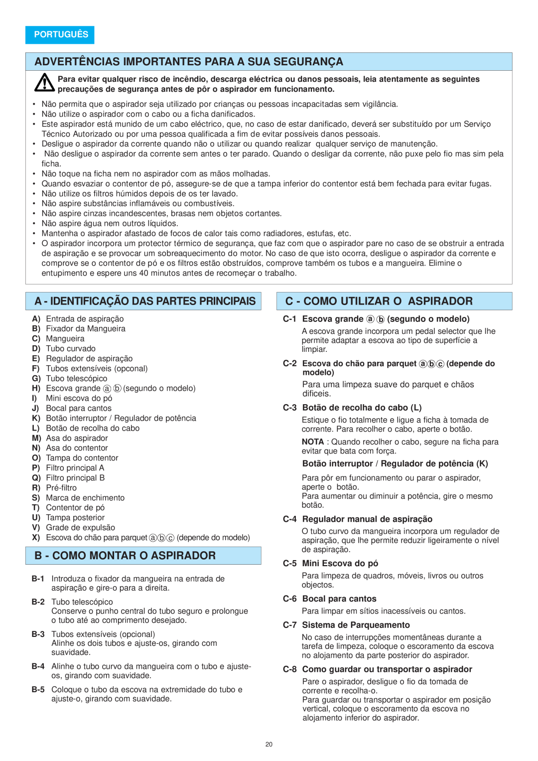Panasonic MC-E8015 Advertências Importantes Para A Sua Segurança, A - Identificação Das Partes Principais, Português 