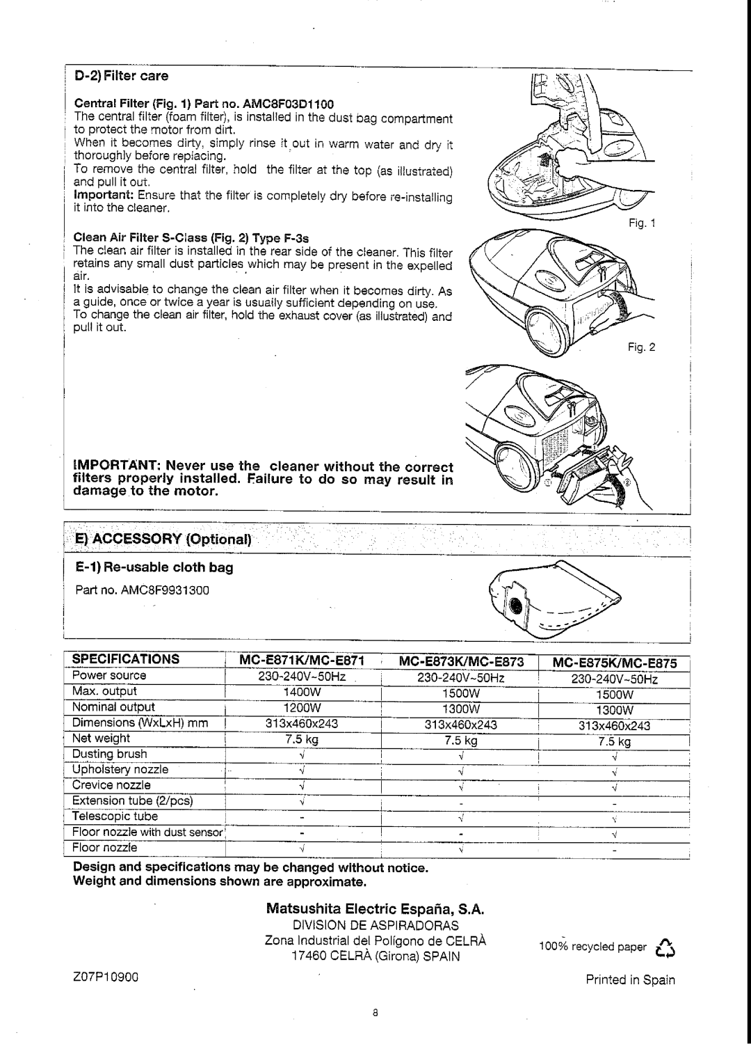 Panasonic MC-E871K, MC-E873K, MC-E875K manual 