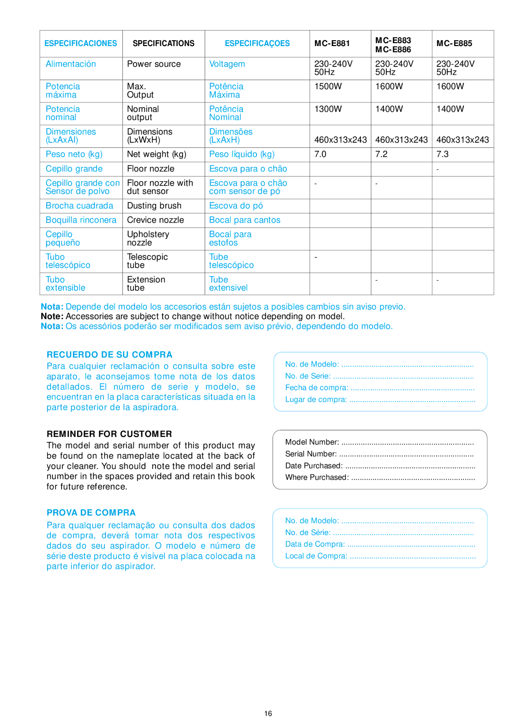 Panasonic MC-E886, MC-E883, MC-E885, MC-E881 operating instructions Specifications Especificaçoes 