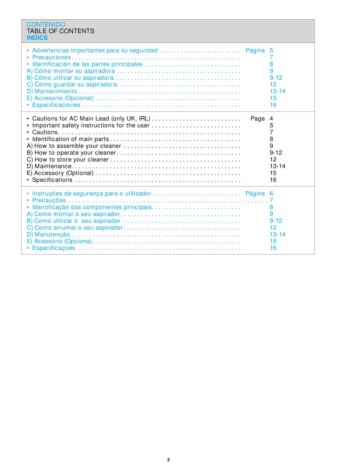 Panasonic MC-E881, MC-E886, MC-E883, MC-E885 operating instructions Contenido Table of Contents Indice 