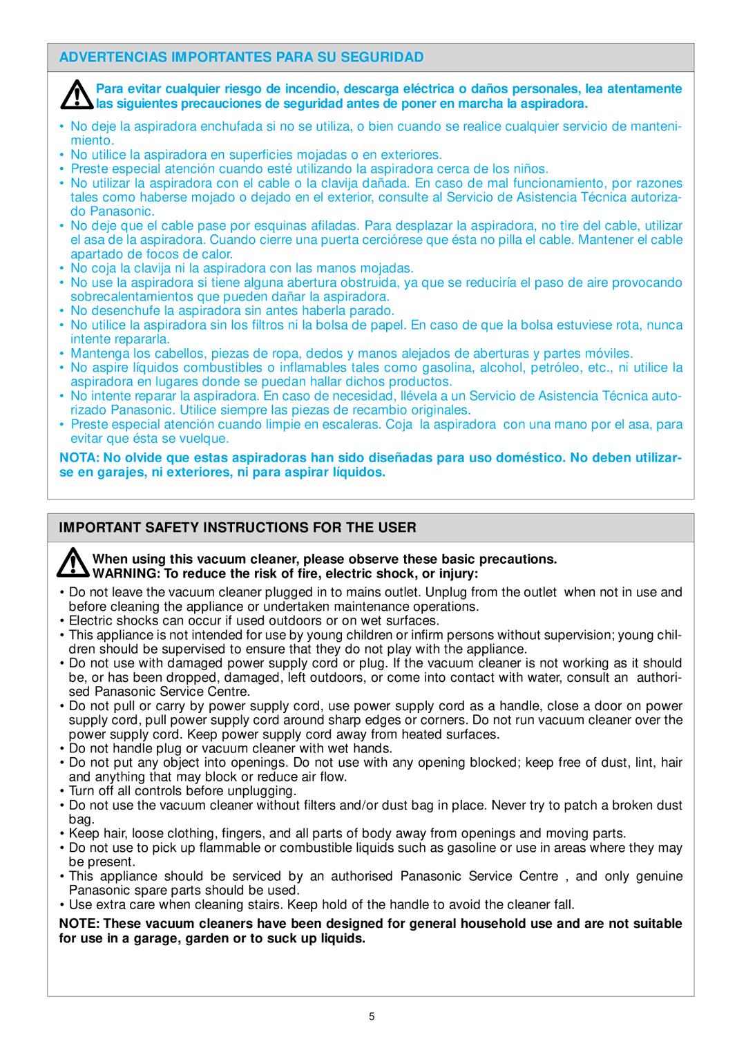 Panasonic MC-E883, MC-E886, MC-E885 Advertencias Importantes Para SU Seguridad, Important Safety Instructions for the User 