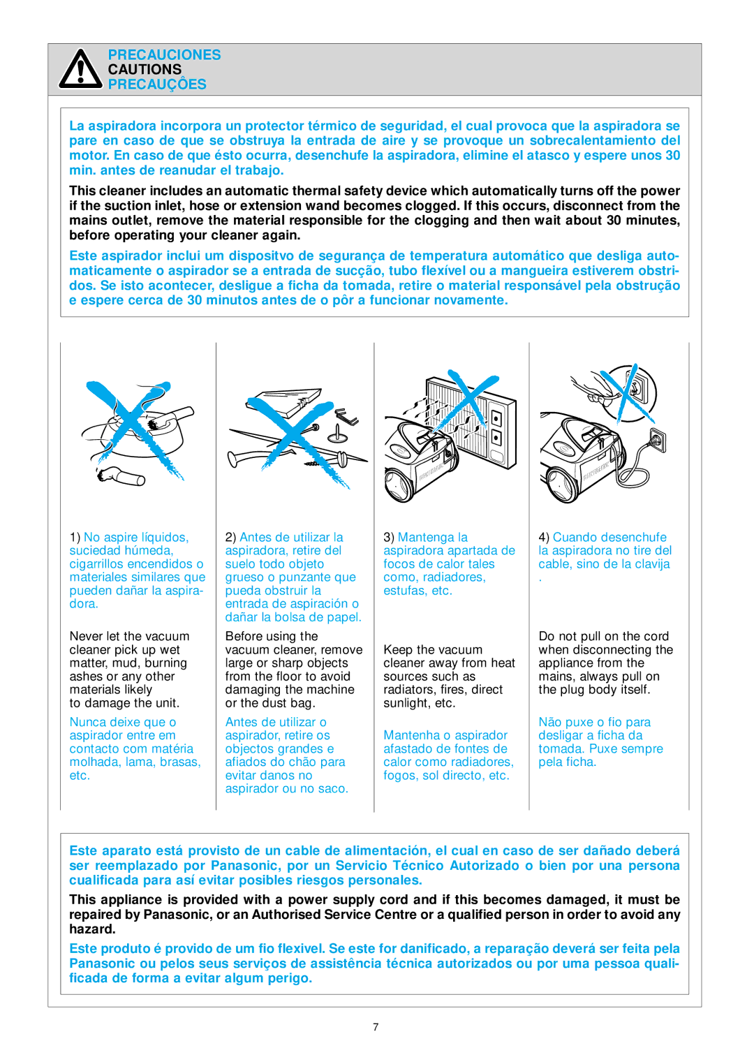 Panasonic MC-E881, MC-E886, MC-E883, MC-E885 operating instructions Precauciones Precauçôes 