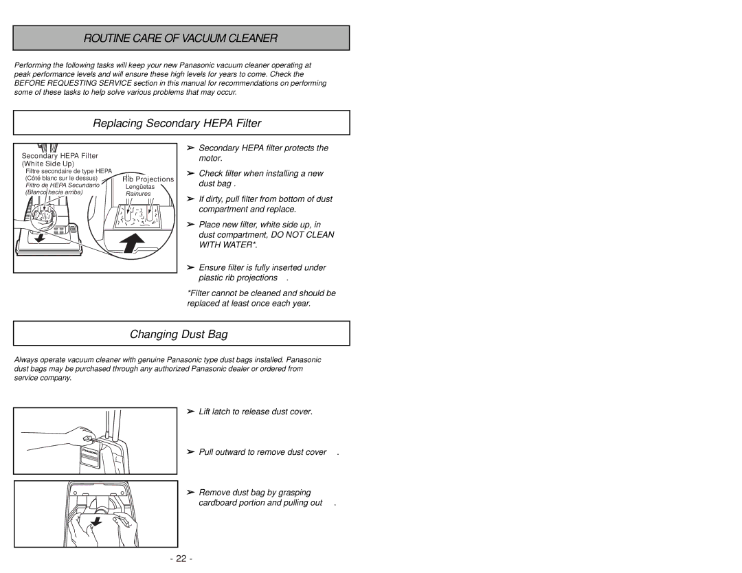 Panasonic MC-GG213 manuel dutilisation Routine Care of Vacuum Cleaner, Replacing Secondary Hepa Filter, Changing Dust Bag 