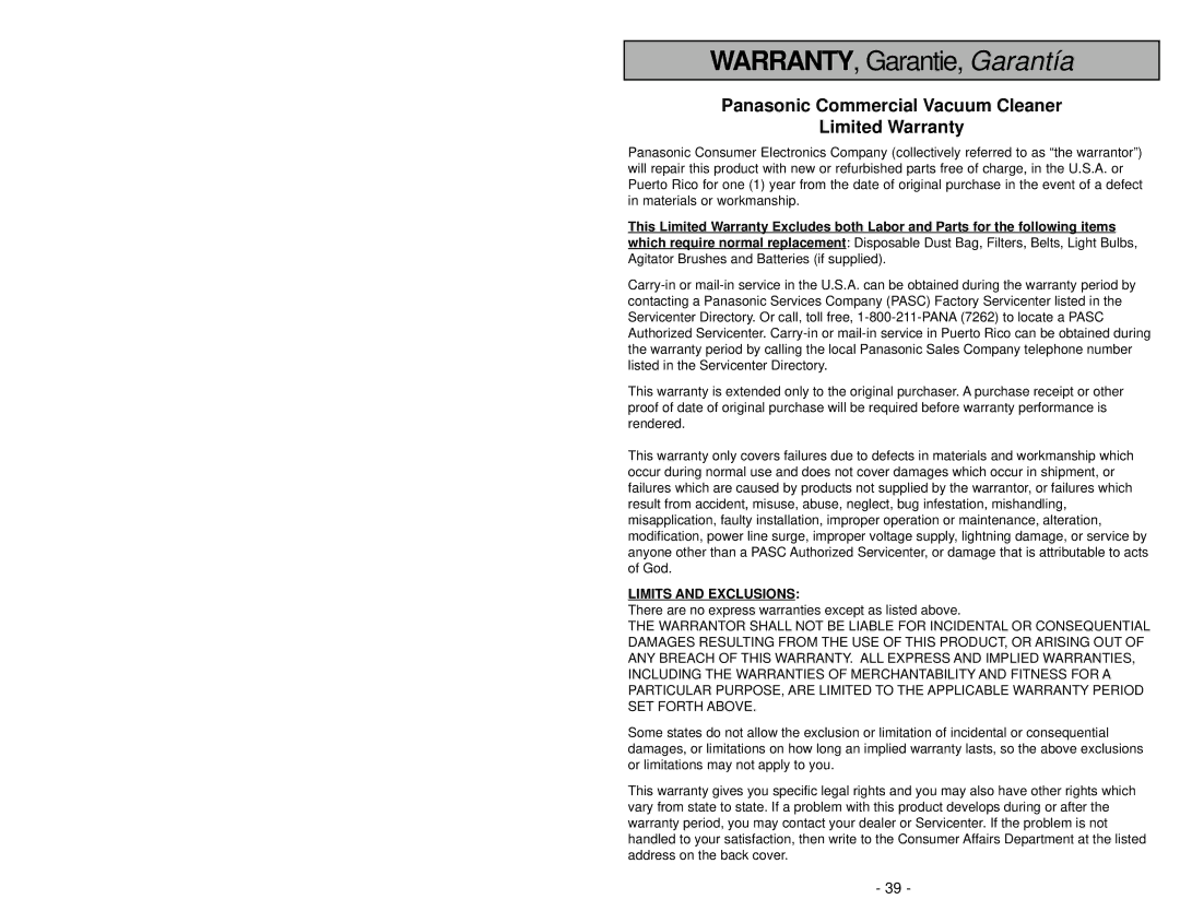 Panasonic MC-GG213 manuel dutilisation WARRANTY, Garantie, Garantía, Panasonic Commercial Vacuum Cleaner Limited Warranty 