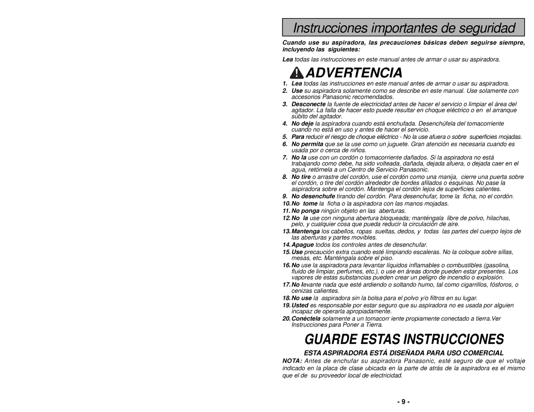 Panasonic MC-GG213 manuel dutilisation Advertencia 