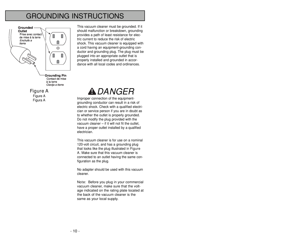 Panasonic MC-GG213 manuel dutilisation Danger, Grounding Instructions, Figure A 