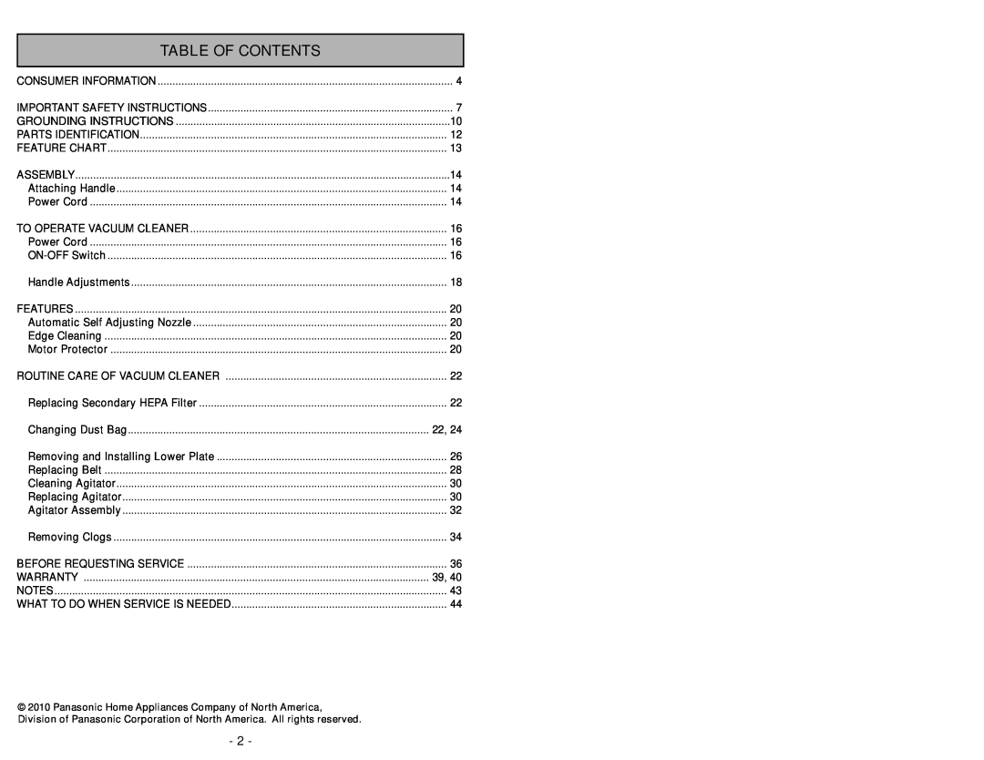 Panasonic MC-GG213 manuel dutilisation Table Of Contents 