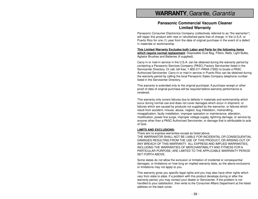 Panasonic MC-GG213 manuel dutilisation WARRANTY, Garantie, Garantía, Panasonic Commercial Vacuum Cleaner, Limited Warranty 