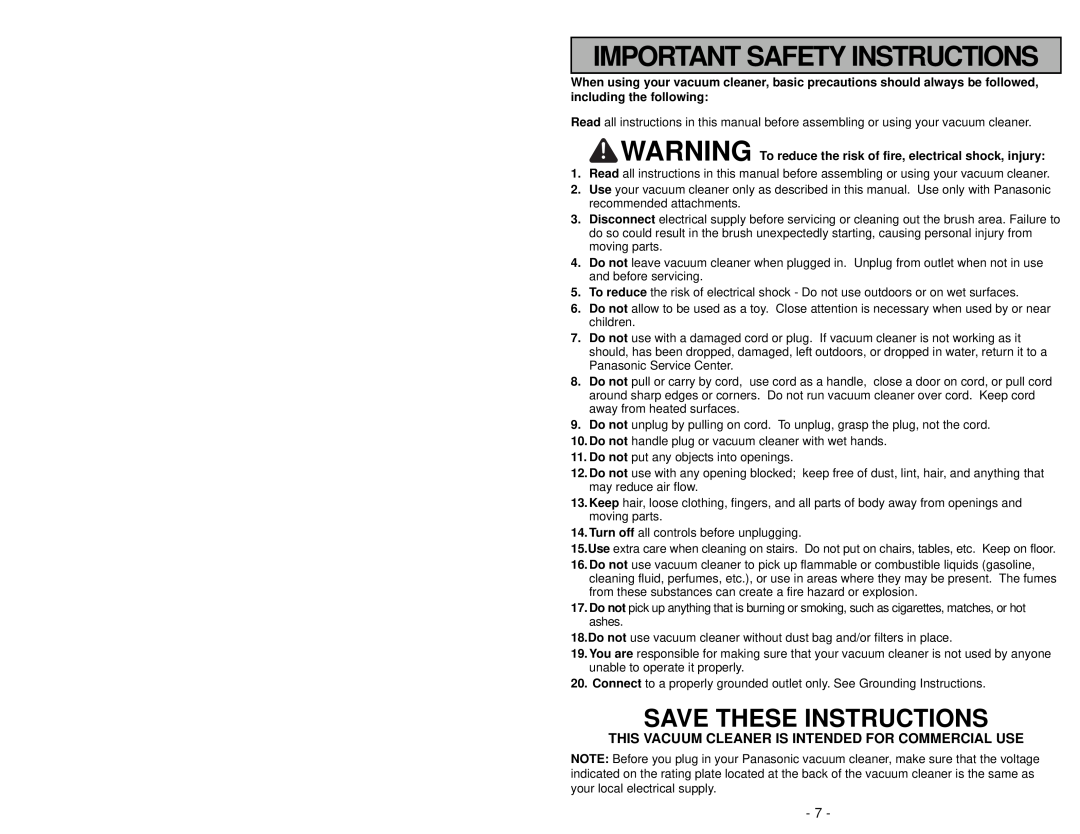 Panasonic MC-GG213 manuel dutilisation Save These Instructions, Important Safety Instructions 