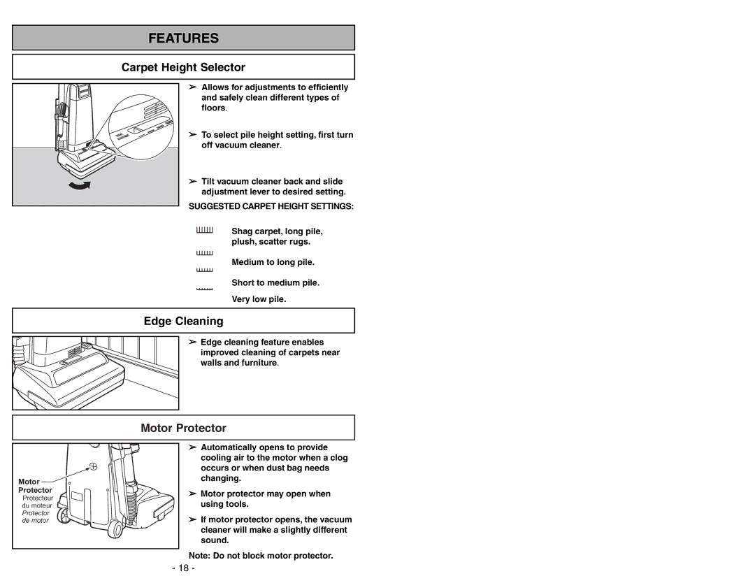 Panasonic MC-GG283 manuel dutilisation Features, Carpet Height Selector, Edge Cleaning, Motor Protector 