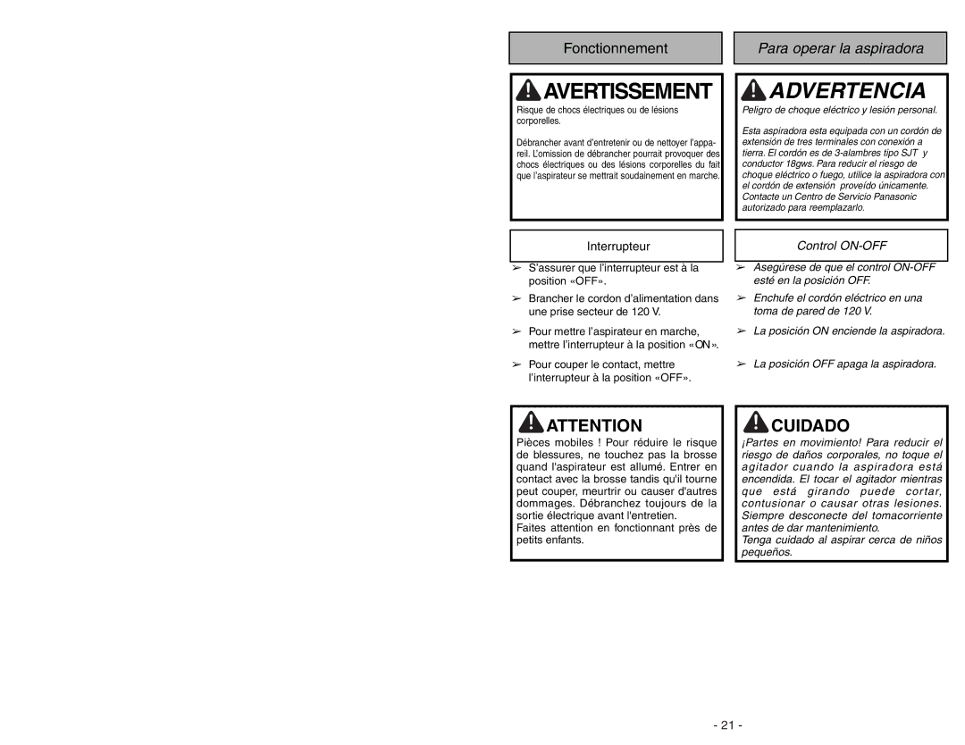 Panasonic MC-GG283 manuel dutilisation Cuidado, Interrupteur, Control ON-OFF 