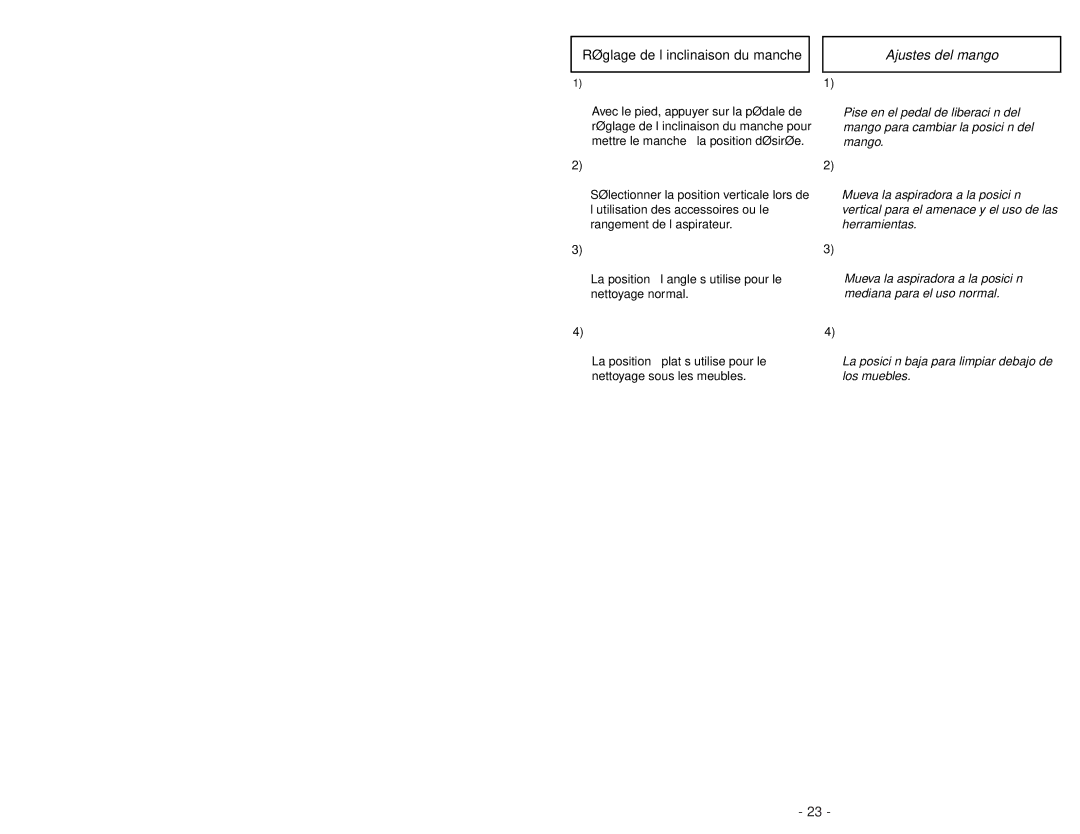 Panasonic MC-GG283 manuel dutilisation Réglage de l’inclinaison du manche, Ajustes del mango 