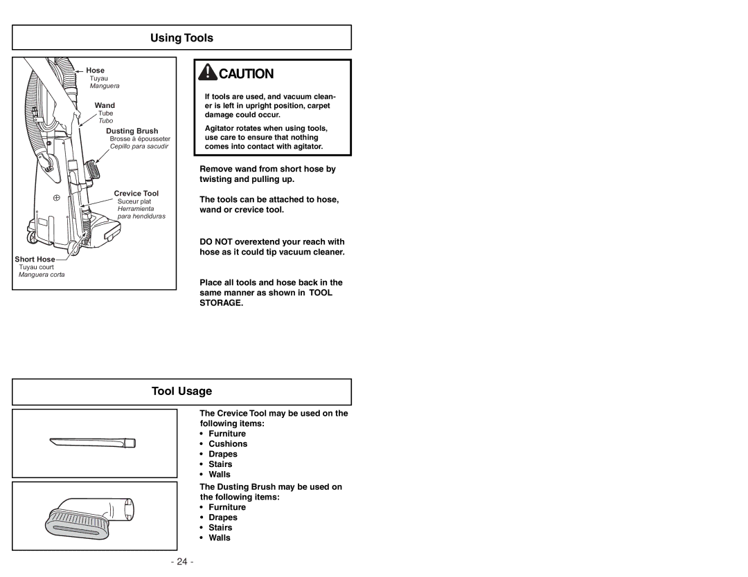 Panasonic MC-GG283 manuel dutilisation Using Tools, Tool Usage 