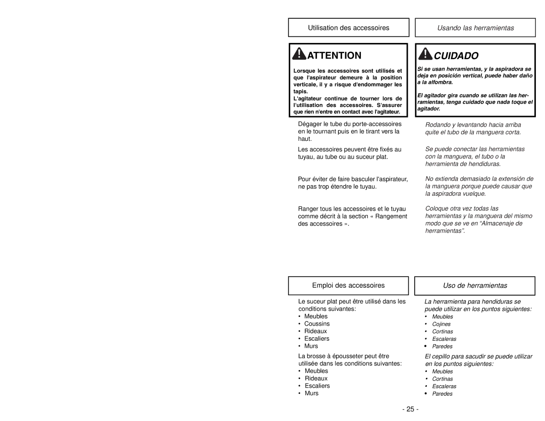 Panasonic MC-GG283 Utilisation des accessoires, Usando las herramientas, Emploi des accessoires, Uso de herramientas 