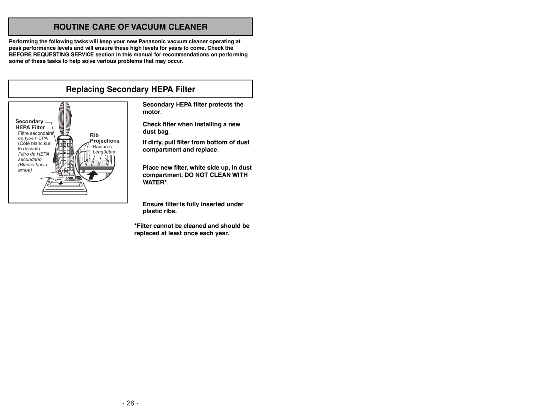 Panasonic MC-GG283 manuel dutilisation Routine Care of Vacuum Cleaner, Replacing Secondary Hepa Filter 