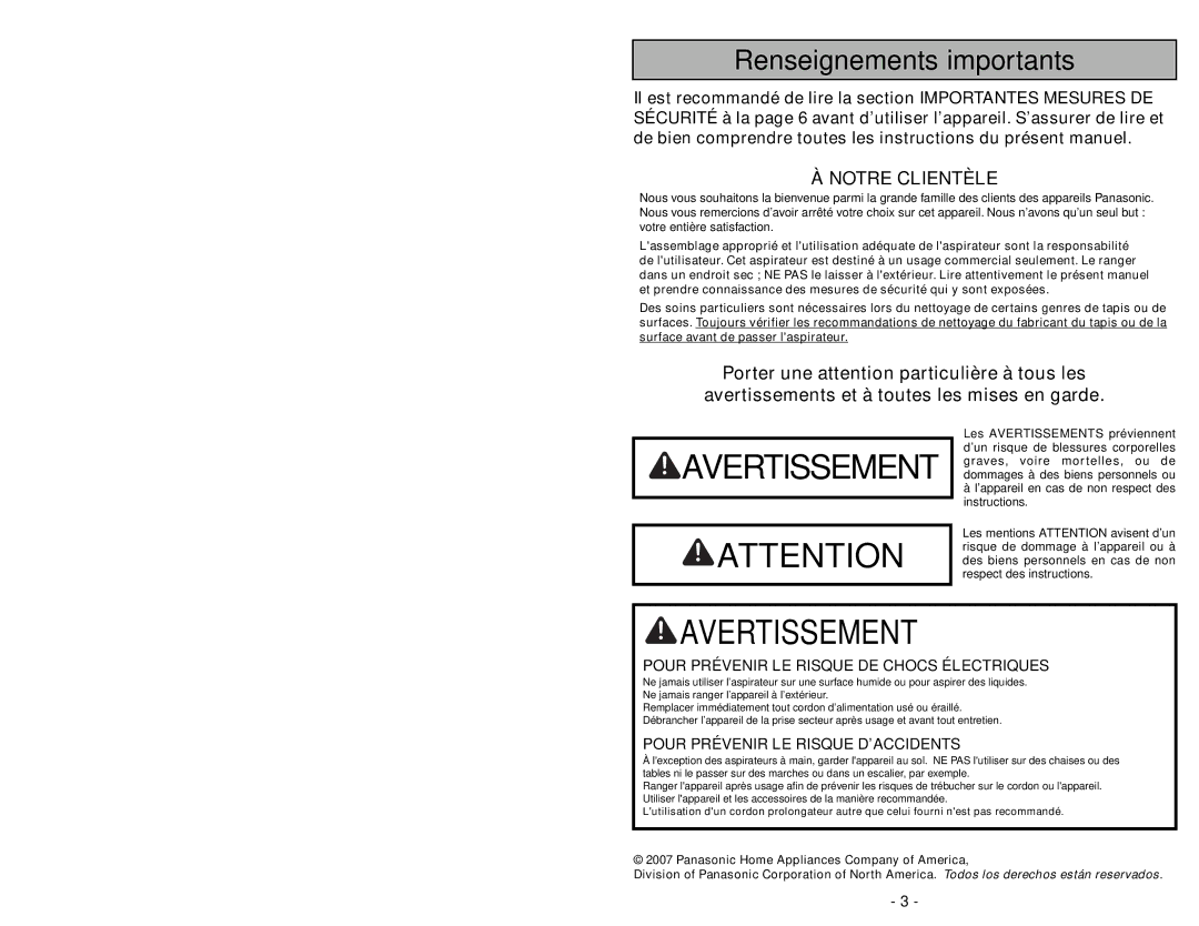 Panasonic MC-GG283 manuel dutilisation Renseignements importants, Notre Clientèle 