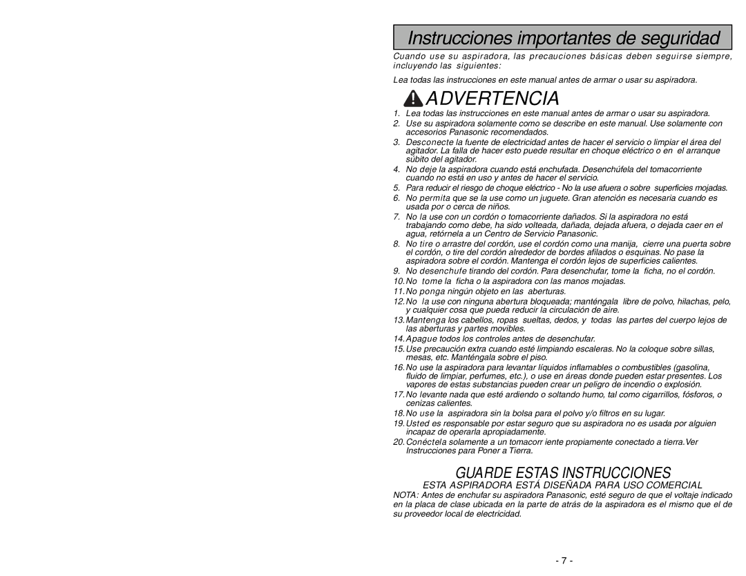 Panasonic MC-GG283 manuel dutilisation Advertencia 