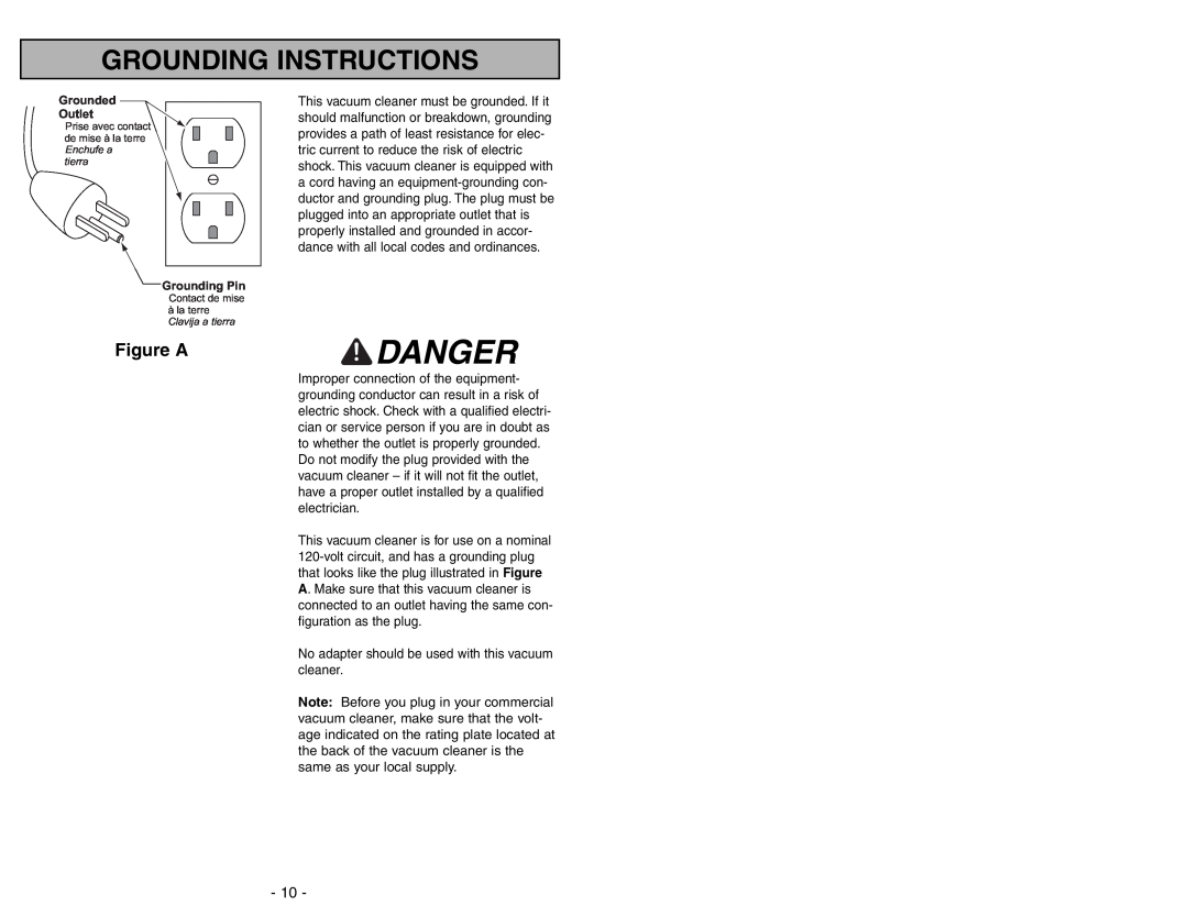 Panasonic MC-GG283 manuel dutilisation Danger, Grounding Instructions, Figure A, Grounded Outlet, Grounding Pin 