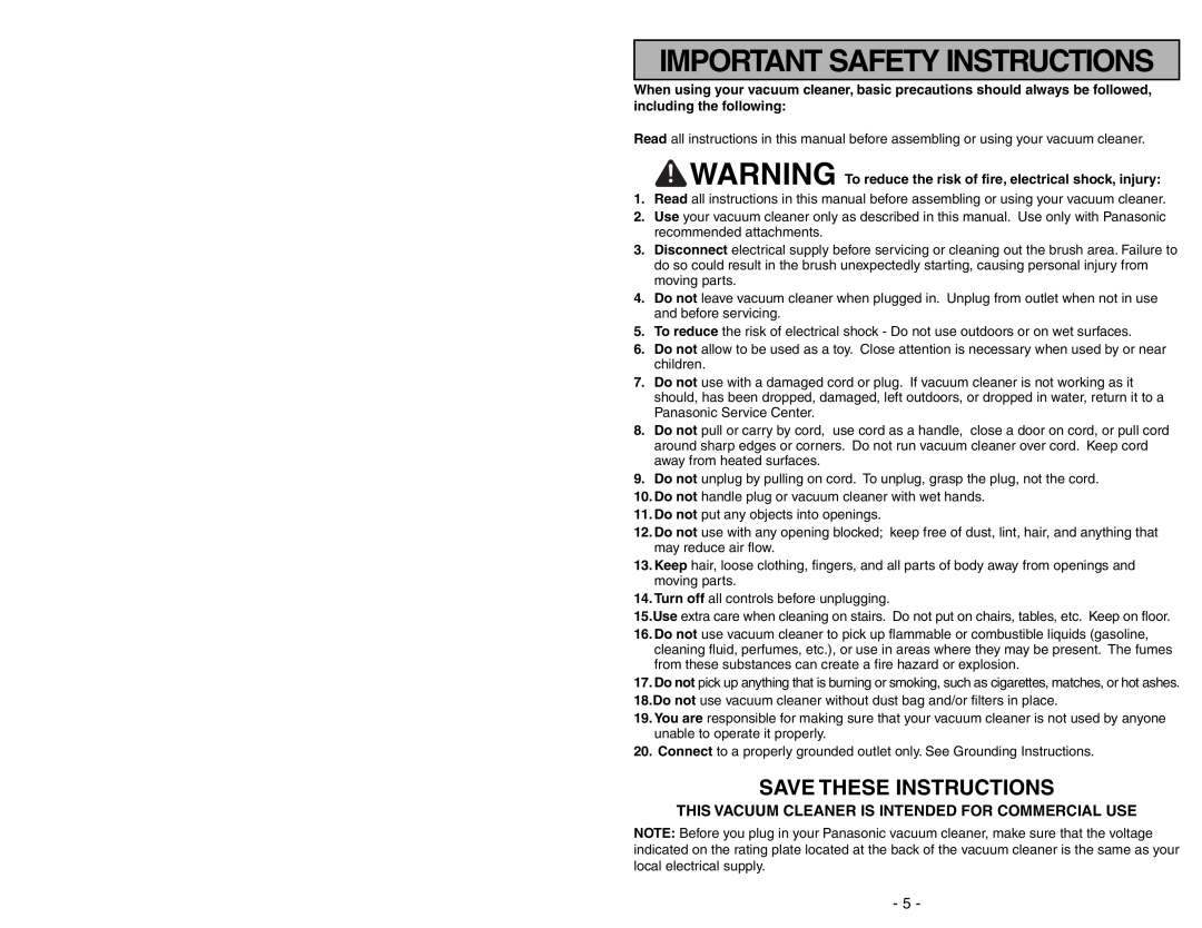 Panasonic MC-GG283 manuel dutilisation Important Safety Instructions, Save These Instructions 