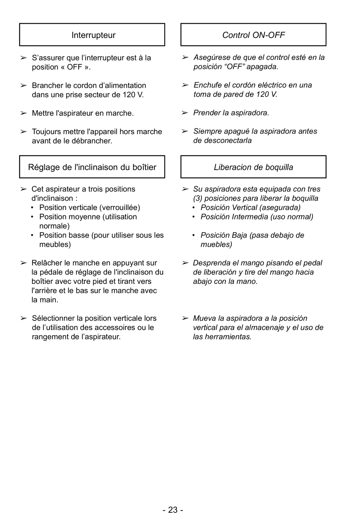 Panasonic MC-GG525 Interrupteur, Control ON-OFF, Réglage de linclinaison du boîtier, Liberacion de boquilla 