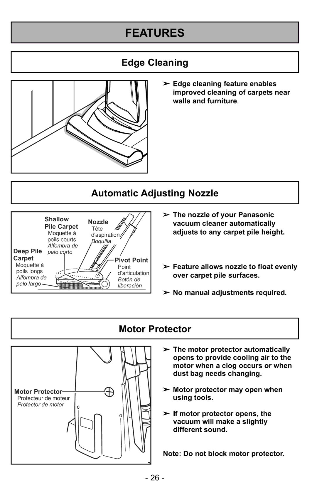 Panasonic MC-GG525 manuel dutilisation Edge Cleaning, Automatic Adjusting Nozzle, Motor Protector 