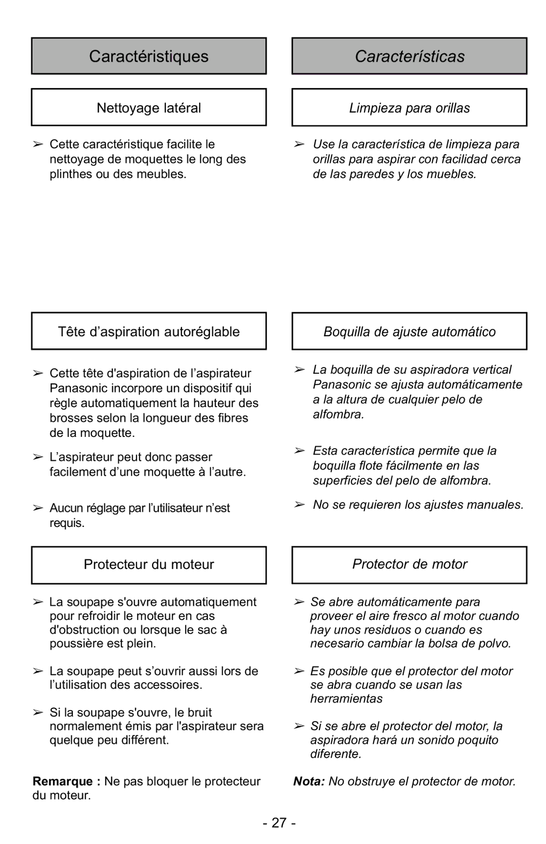 Panasonic MC-GG525 manuel dutilisation Limpieza para orillas, Boquilla de ajuste automático, Protector de motor 