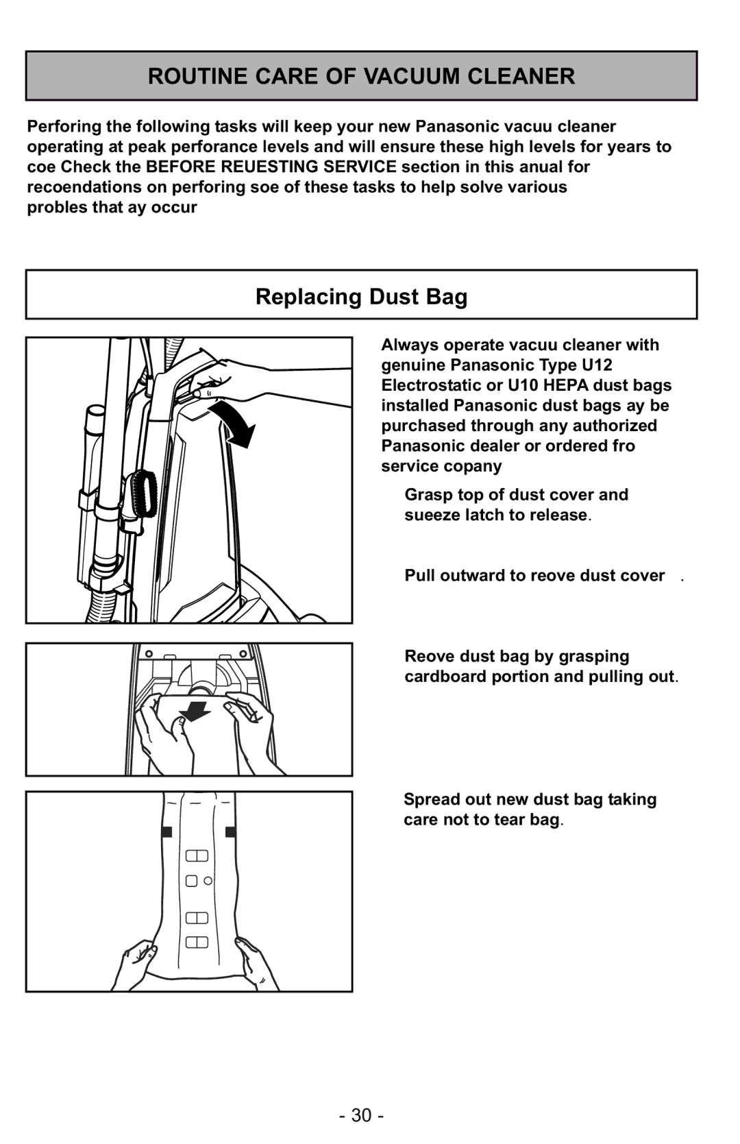 Panasonic MC-GG525 manuel dutilisation Routine Care of Vacuum Cleaner, Replacing Dust Bag 