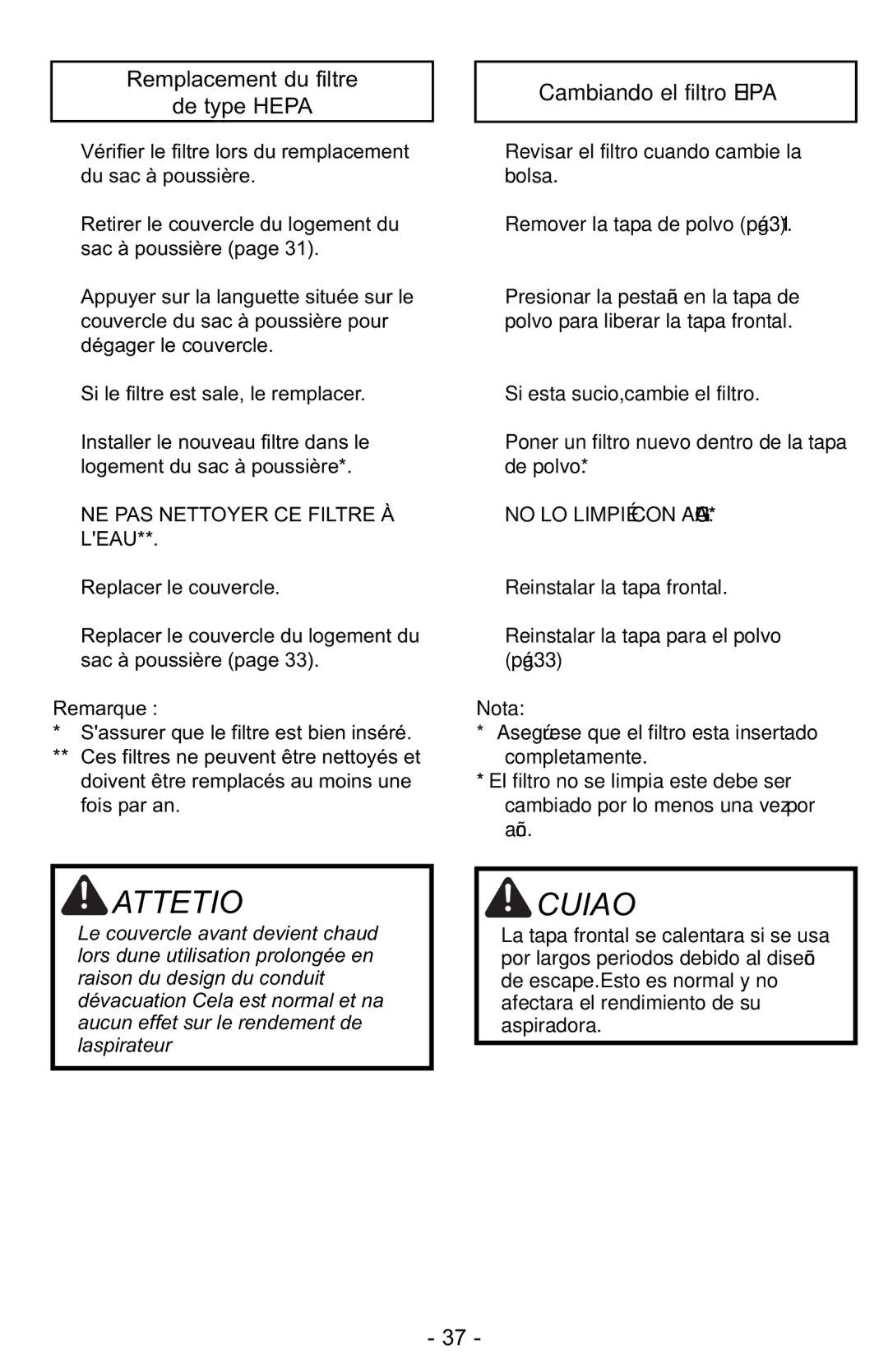 Panasonic MC-GG525 manuel dutilisation Remplacement du filtre De type Hepa, Cambiando el filtro Hepa 