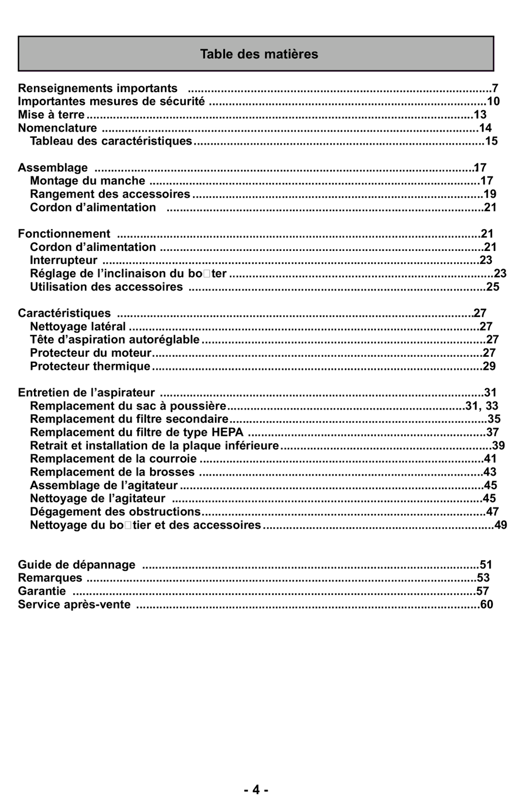 Panasonic MC-GG525 manuel dutilisation Table des matières 