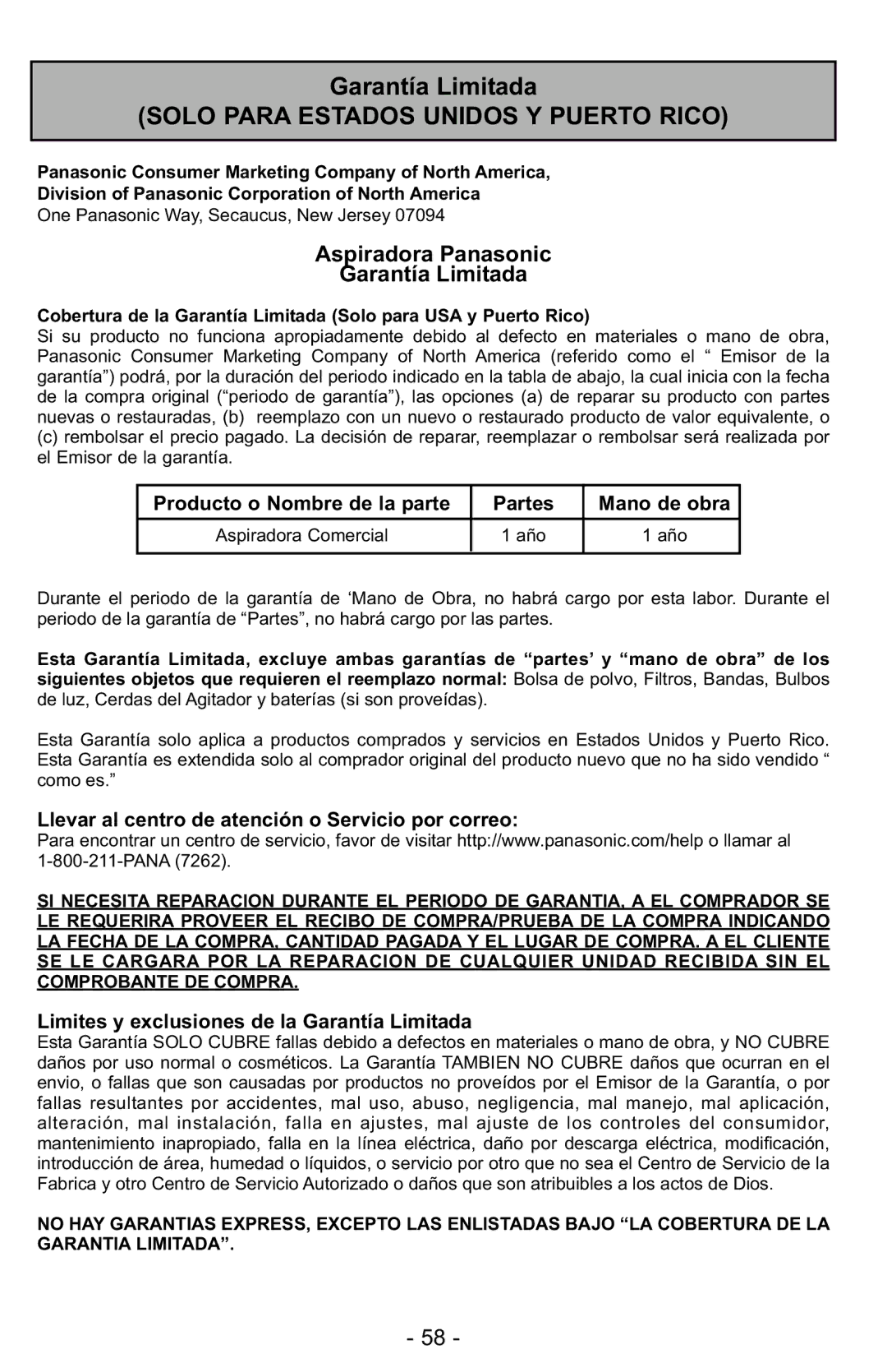 Panasonic MC-GG525 manuel dutilisation Solo Para Estados Unidos Y Puerto Rico 