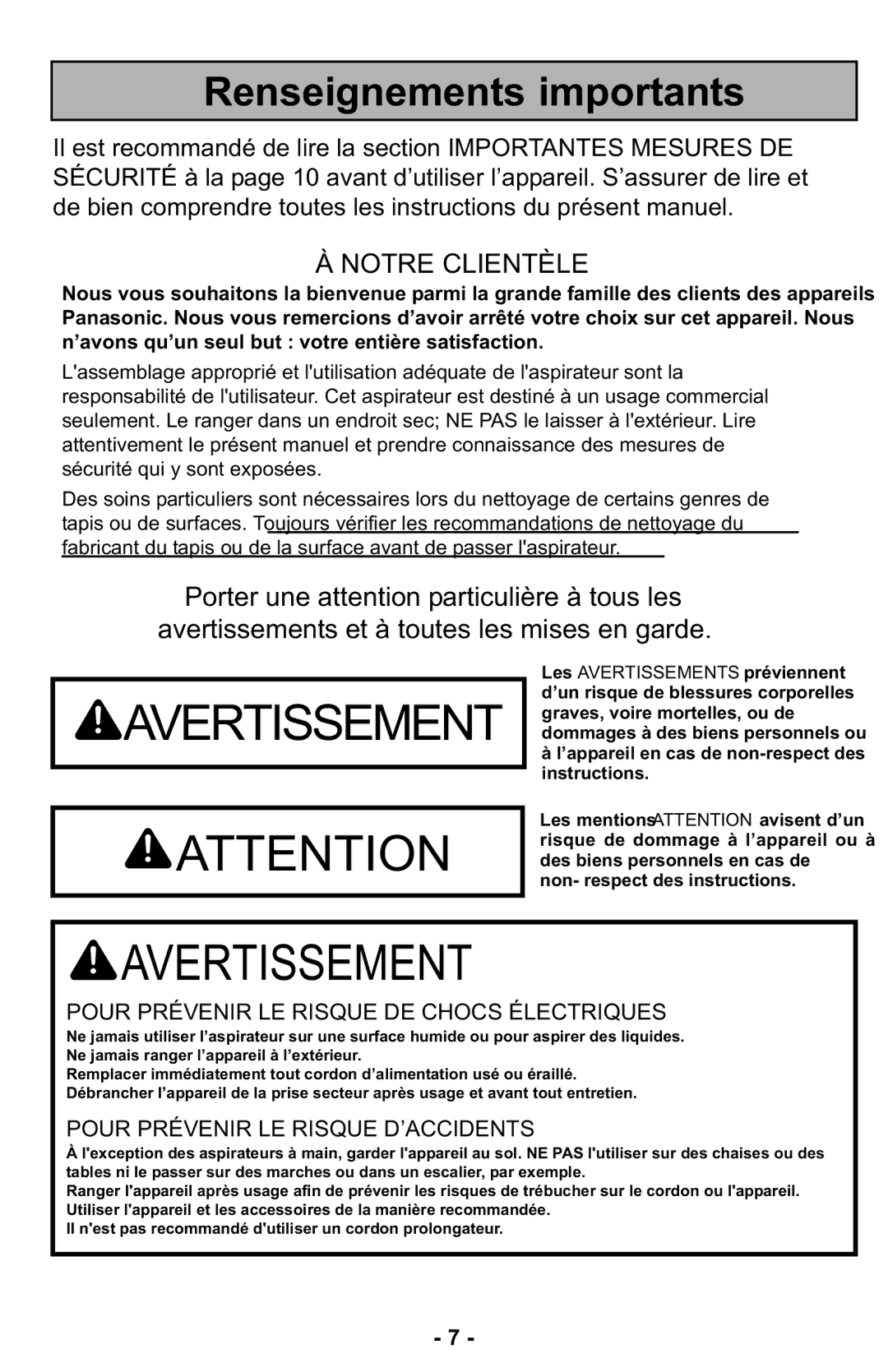 Panasonic MC-GG525 manuel dutilisation Renseignements importants, Notre Clientèle 