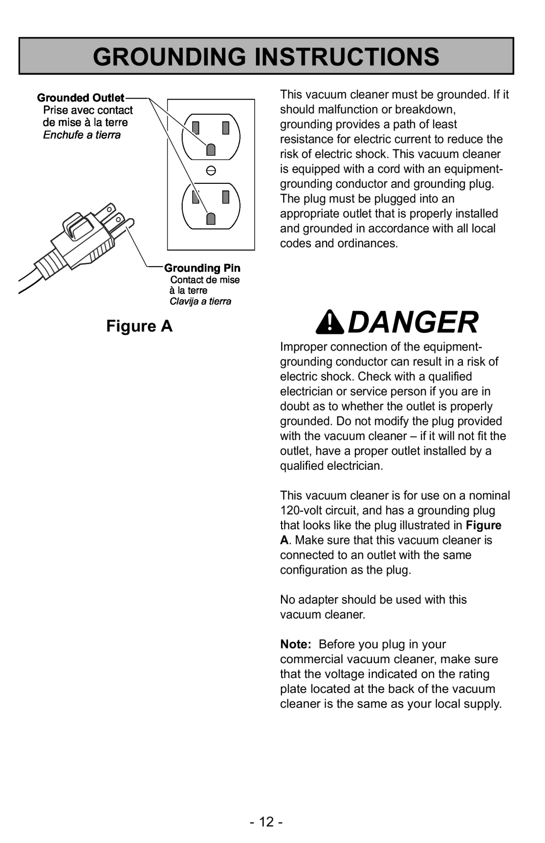 Panasonic MC-GG525 manuel dutilisation Danger, Grounding Instructions, Figure A 