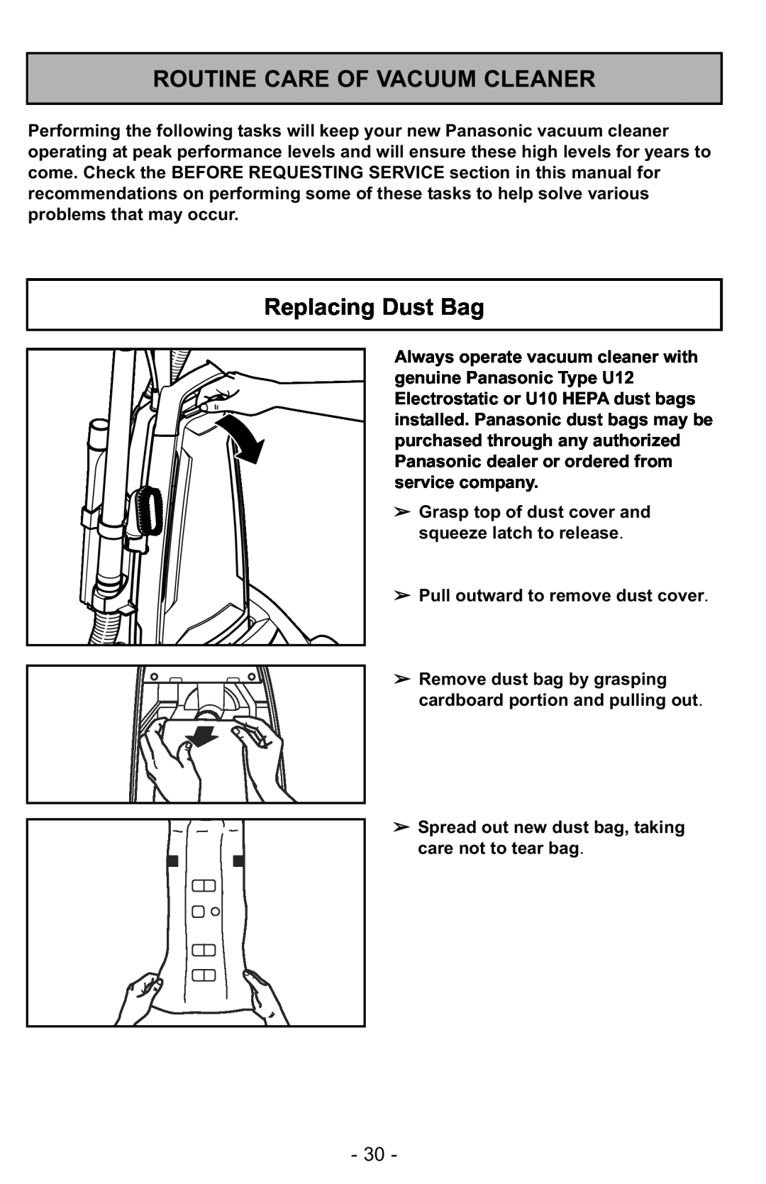Panasonic MC-GG525 manuel dutilisation Routine Care Of Vacuum Cleaner, Replacing Dust Bag 