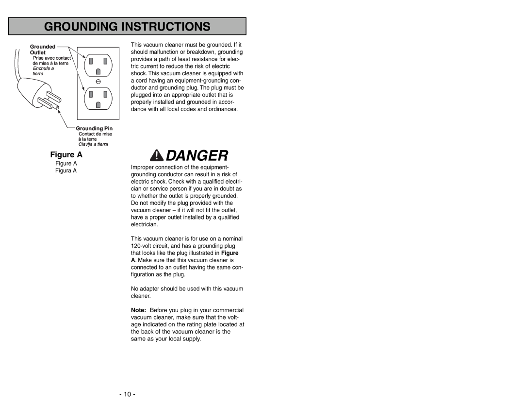 Panasonic MC-GG773 manuel dutilisation Danger, Grounding Instructions, Figure A, Grounded Outlet, Grounding Pin 