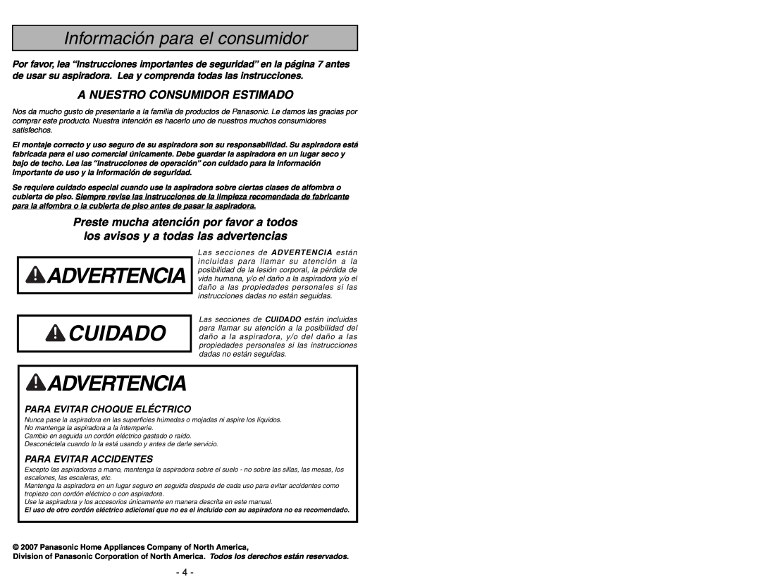 Panasonic MC-GG773 manuel dutilisation Advertencia Cuidado, Información para el consumidor, A Nuestro Consumidor Estimado 