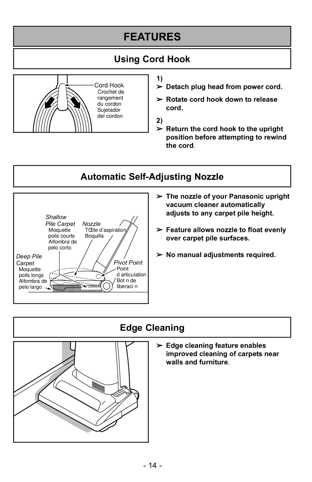 Panasonic MC-UG223 manuel dutilisation Features, Using Cord Hook, Automatic Self-Adjusting Nozzle, Edge Cleaning 