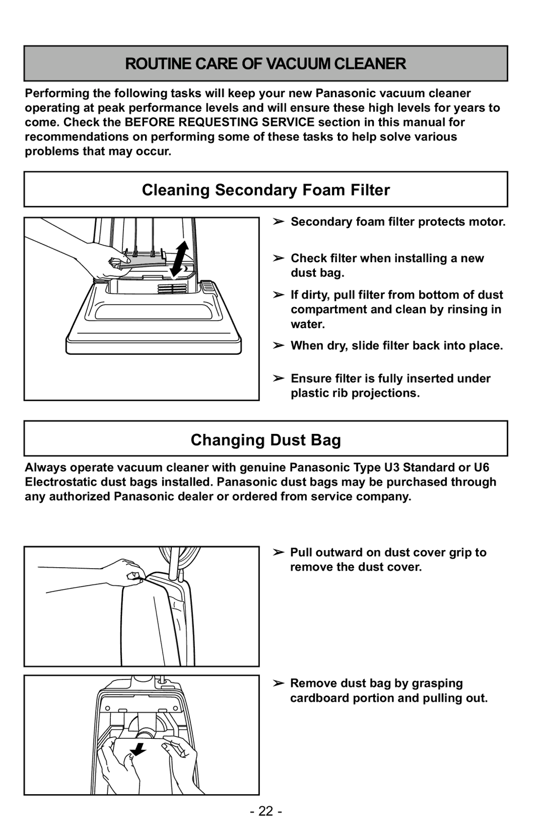 Panasonic MC-UG223 manuel dutilisation Routine Care of Vacuum Cleaner, Cleaning Secondary Foam Filter, Changing Dust Bag 