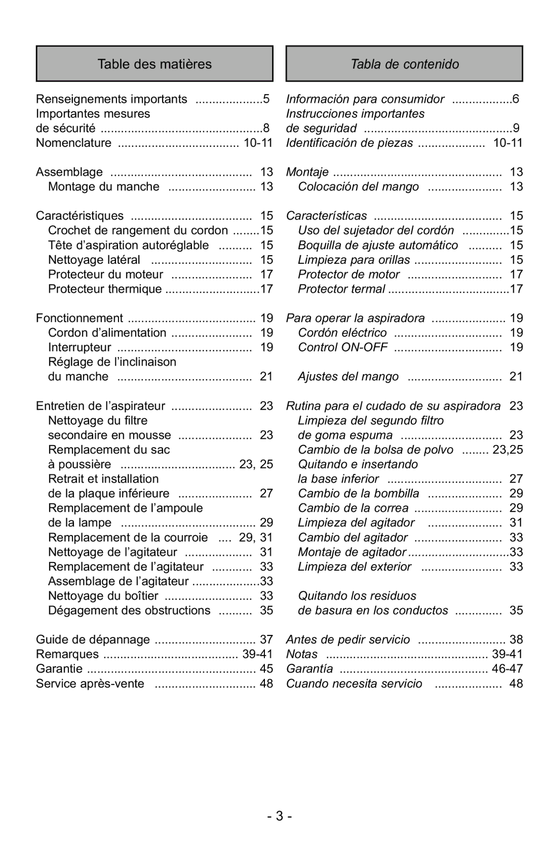 Panasonic MC-UG223 manuel dutilisation Table des matières, Tabla de contenido 