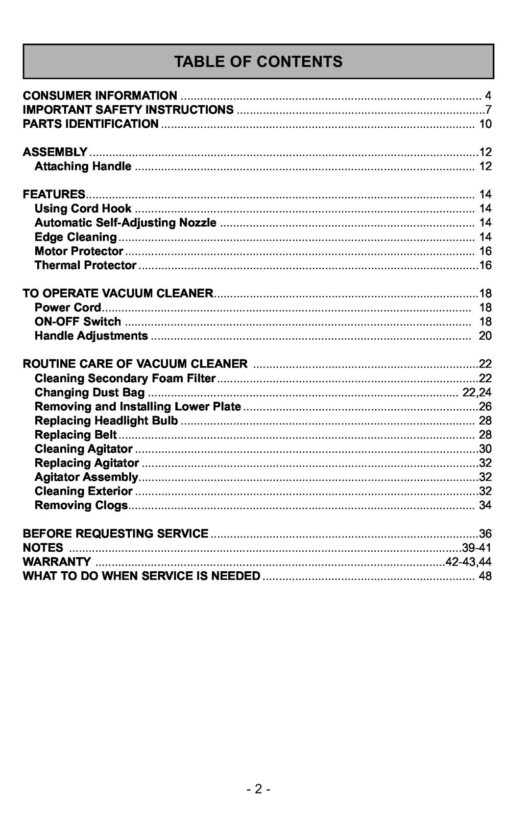 Panasonic MC-UG223 manuel dutilisation Table Of Contents 