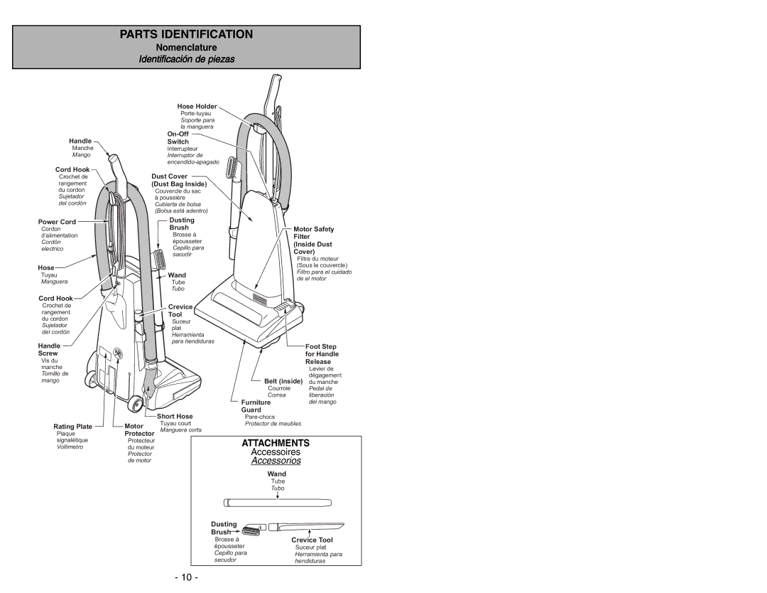 Panasonic MC-UG371 operating instructions Parts Identification, Identificación de piezas, Accessoires, Accessorios 