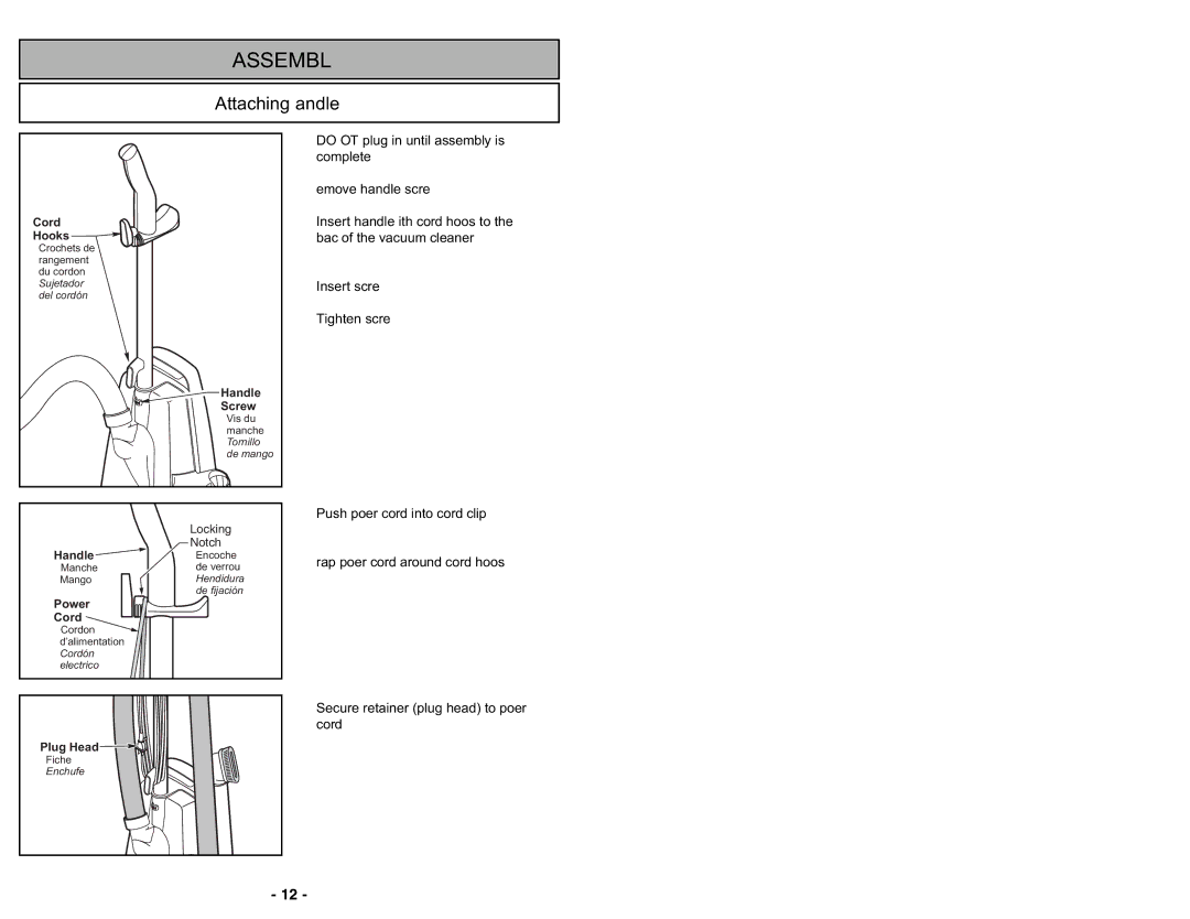 Panasonic MC-UG371 operating instructions Assembly, Attaching Handle 