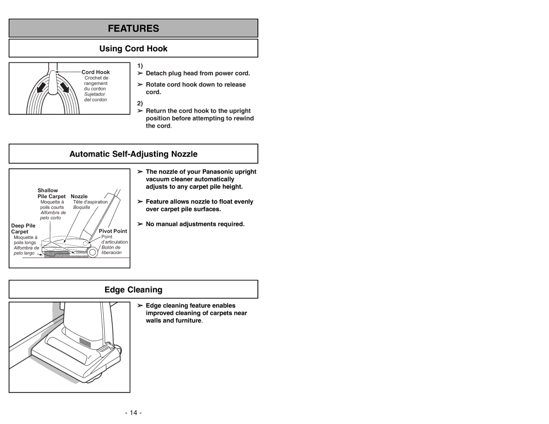 Panasonic MC-UG371 operating instructions Using Cord Hook, Automatic Self-Adjusting Nozzle, Edge Cleaning 