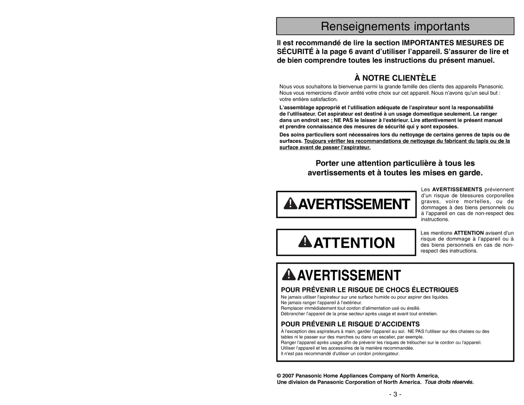 Panasonic MC-UG371 operating instructions Renseignements importants, Notre Clientèle 