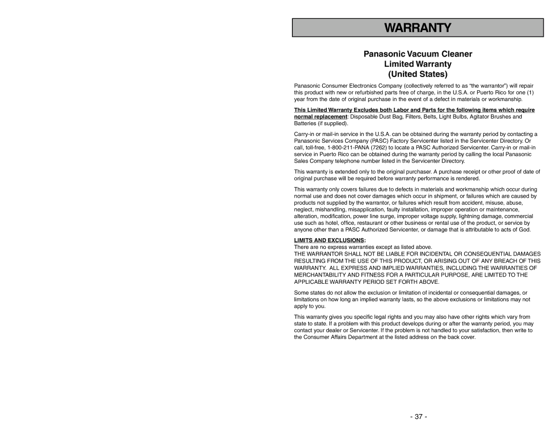 Panasonic MC-UG371 operating instructions Panasonic Vacuum Cleaner Limited Warranty United States 