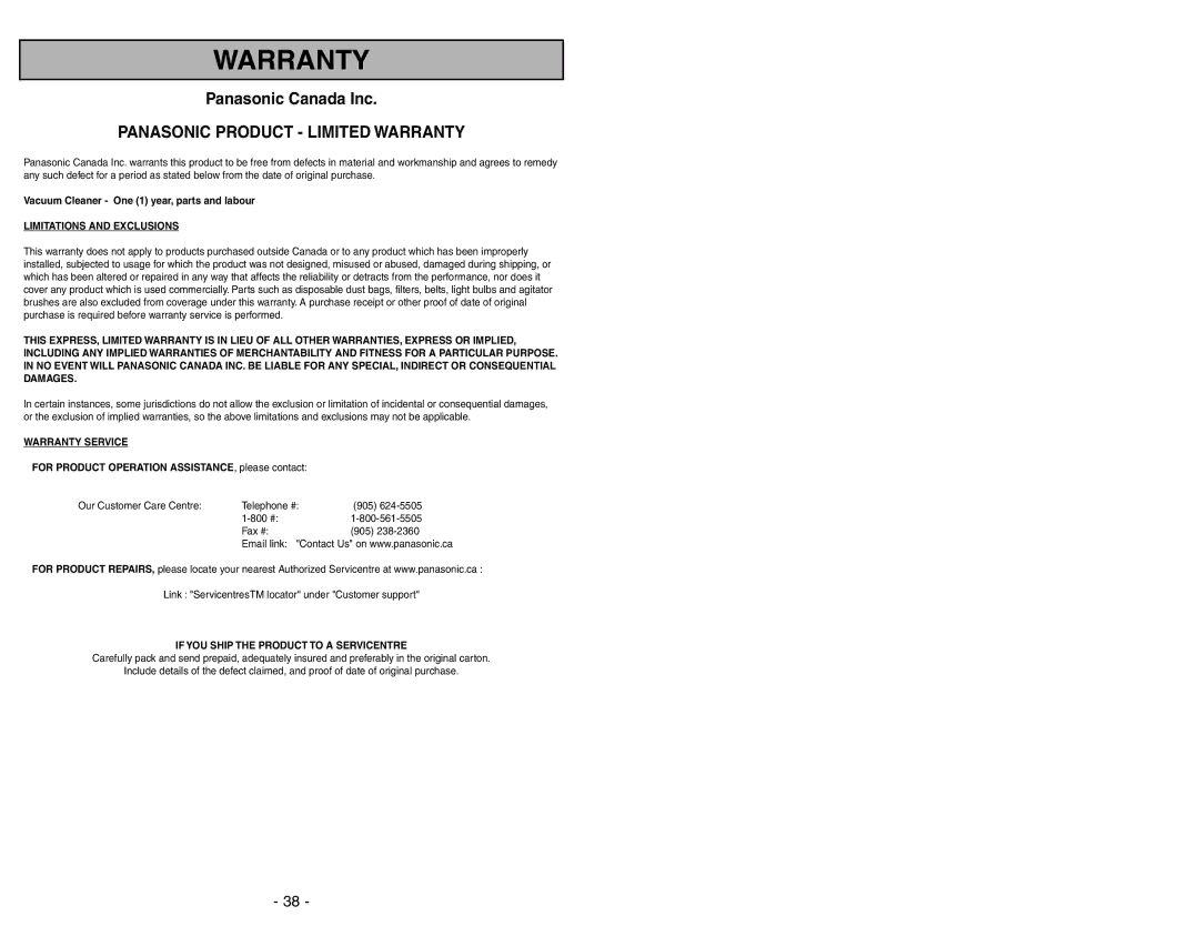 Panasonic MC-UG371 operating instructions Panasonic Product Limited Warranty 